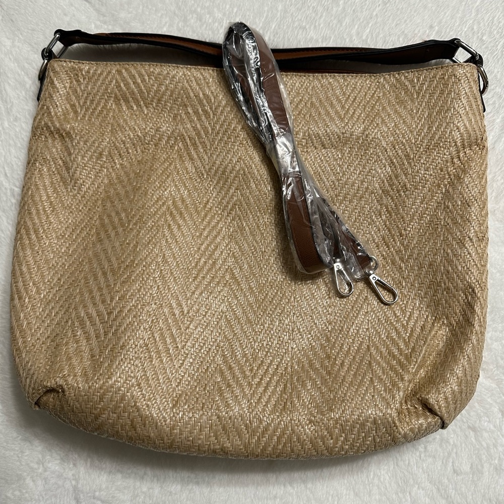 Leather trimmed straw purse
